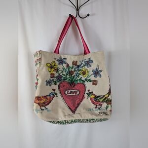 Brighton Love Tweet Canvas Large Tote Bag Birds Heart Butterflies Pink Shoulder